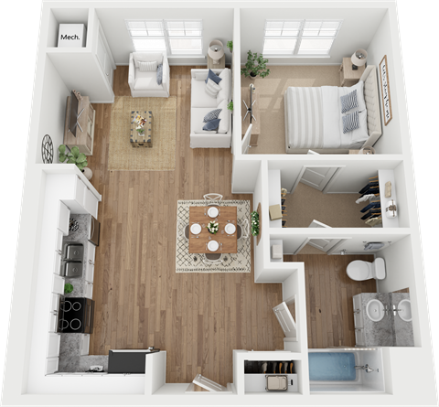 Floor plan for 1 bed, 1 bath, 623 sqft